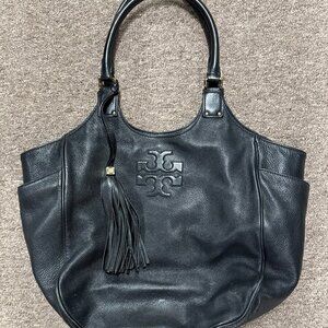 Tory Burch Thea Black Pebbled Leather Round Large Tassel Tote Shoulder Bag